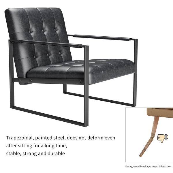 English Elm Accent Modern Upholstered Chair with Ottoman Black PU Linen, Plush Cushion, Metal Frame, Versatile Comfort for Living Room Office Bedside W578P357514