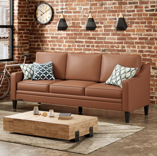 English Elm 78.75'' Slipcovered Faux Leather Sofa with High-Density Foam, Solid Wood Frame, Easy-Clean Finish Brown T3623P411308
