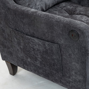 English Elm Accent Comfy chenille chair with USB charging, ergonomic wide back, high-rebound sponge, retro wooden legs DARK GREY W2715P312493