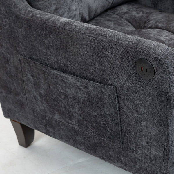 English Elm Accent Comfy chenille chair with USB charging, ergonomic wide back, high-rebound sponge, retro wooden legs DARK GREY W2715P312493