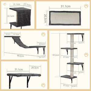 English Elm 5 Piece Wall Mounted Cat Tree with Sisal Posts Flannel Condo Perches and Rope Bridge Gray W2181P144416