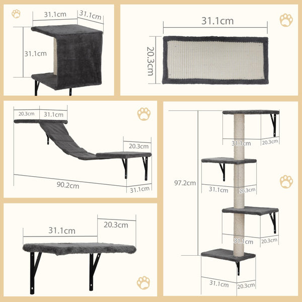 English Elm 5 Piece Wall Mounted Cat Tree with Sisal Posts Flannel Condo Perches and Rope Bridge Gray W2181P144416