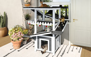 English Elm 4 Tier Outdoor Pine Cat Tower with Waterproof Roof Enclosed Den and Balcony Perch Grey,White N704P436318K