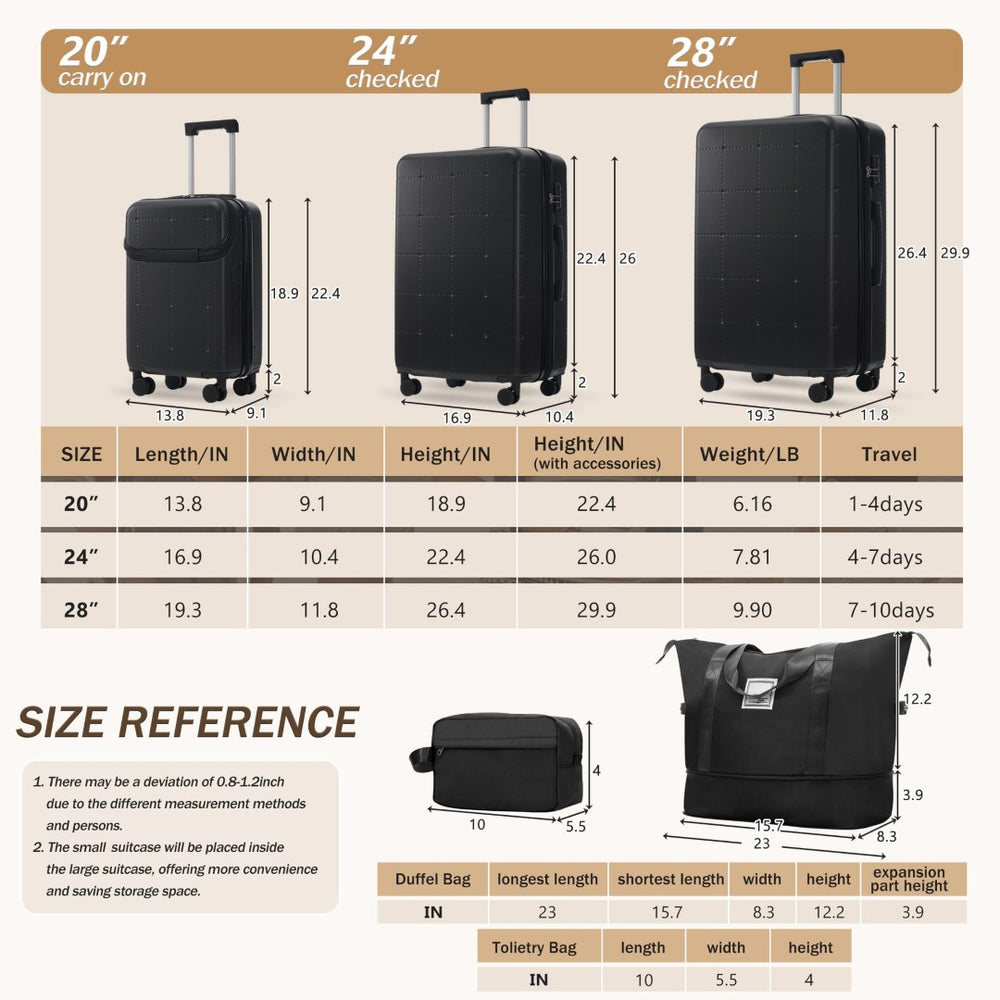 English Elm Luggage 5 Piece Hardside Abs Set with Front Access Carry on and Tsa Spinner Wheels Black N732P391557B