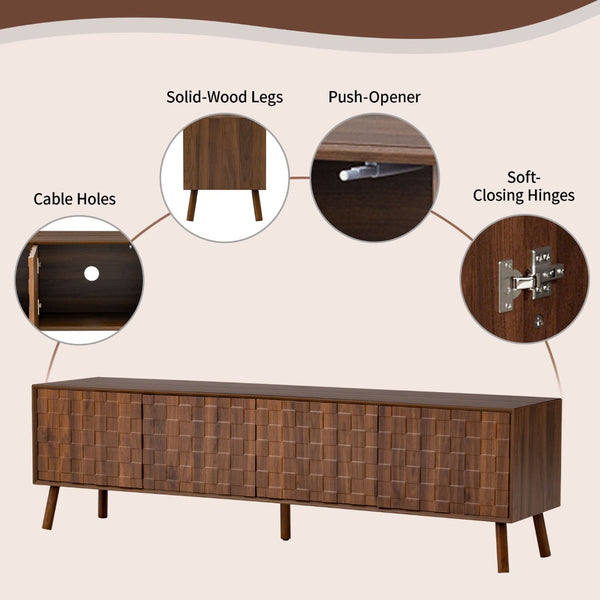 English Elm 70 Inch Fluted Entertainment Center Walnut Finish Solid Wood Legs Soft Close Storage N710P372582P