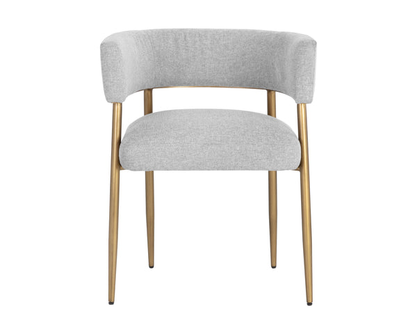 Sunpan Maestro Contemporary Dining Armchair with Curved Frame and Antique Brass Legs for Elegant Dining Belfast Heather Grey