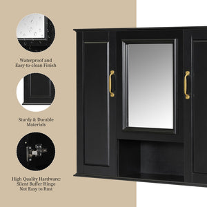 English Elm 36'' Mirror Cabinet with 3 Doors — Wall-Mounted Bathroom Storage Unit, MDF & Pine, Spacious Shelves Black N725P346902B