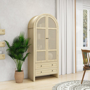 English Elm 70.28" Arched Kitchen Pantry Cabinet with Rattan Doors, 2 Drawers, Adjustable Shelves & Safety W688S00057