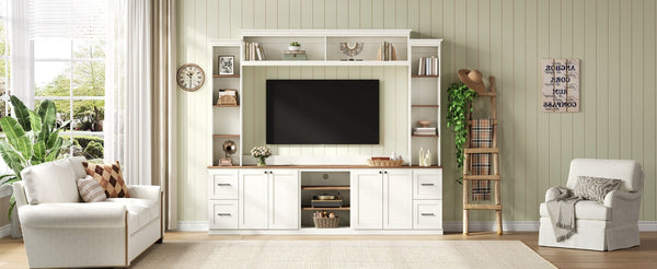 English Elm Unique Low Profile Media Console with Led Lighting Glass Shelves Fits Tvs to 105 White N721S000077K