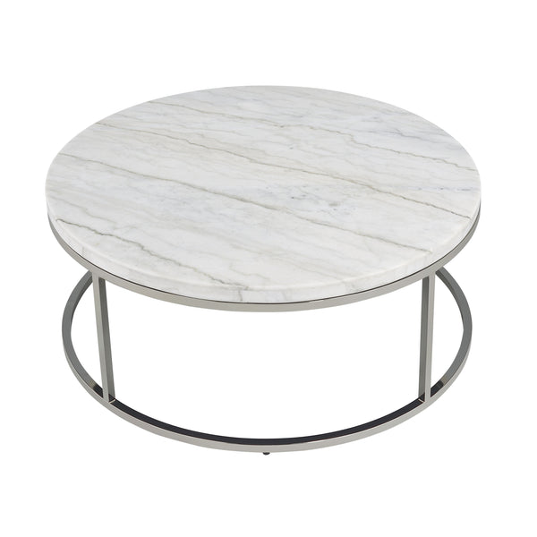English Elm Zaidee Marble Top Coffee Table with Nickel Frame — Elegant Round Natural Marble Accent Table for Living Rooms White 43.25 L x 41.5 W x 5.75 H B2726P246013