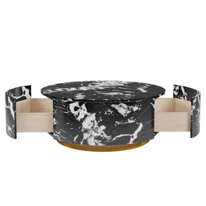 English Elm Tavola Round Coffee Table with Marble Pattern Top and Metal Legs, Two Drawers for Stylish Storage Black B341P321162