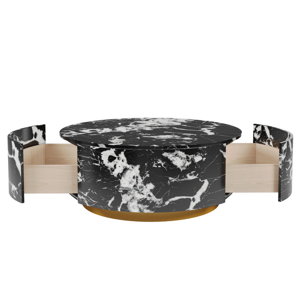 English Elm Tavola Round Coffee Table with Marble Pattern Top and Metal Legs, Two Drawers for Stylish Storage Black B341P321162