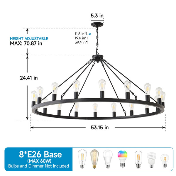 English Elm 53 Inch Matte Black Wagon Wheel Chandelier 18 Light Farmhouse Foyer Statement Fixture W5008P393041