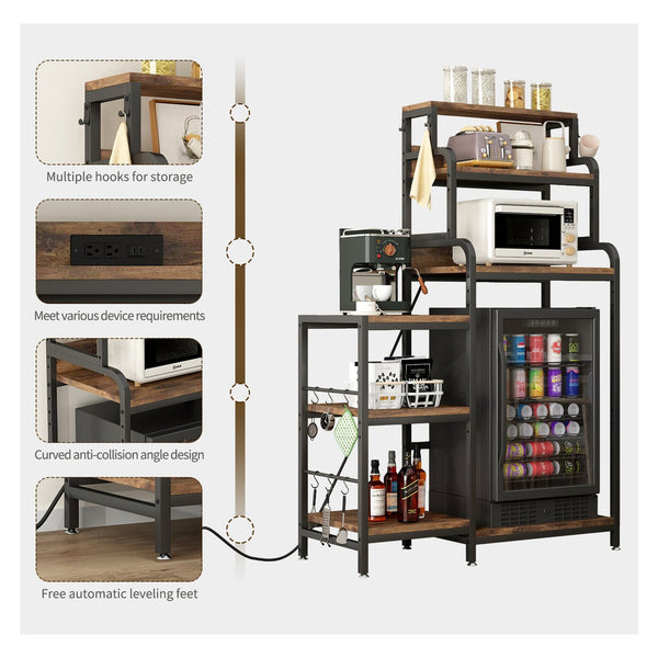 English Elm Multifunctional 7-Tier Mini Fridge & Microwave Stand, Walnut Brown with 2 AC/2 USB Outlets, Heavy-Duty Storage Rack for Kitchen, Dorm, Living Room W2641P383931