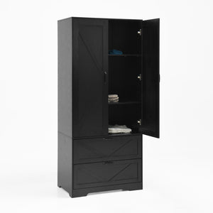 English Elm 2 Door Wardrobe Closet with Full Length Mirror Motion Light Hanging Rod and Drawers Black W409P266778