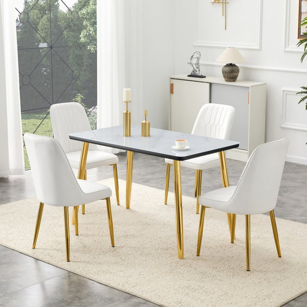 English Elm Table and Chair Set Marble Glass Top Gold Legs Pu Leather Seats Modern Dining Black,White+Gold W1151S04651