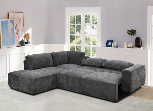 English Elm Sleeper Sectional with Storage Chaise Tufted Chenille Pull Out Sofa Bed Living Room Dark Grey W1417S00218