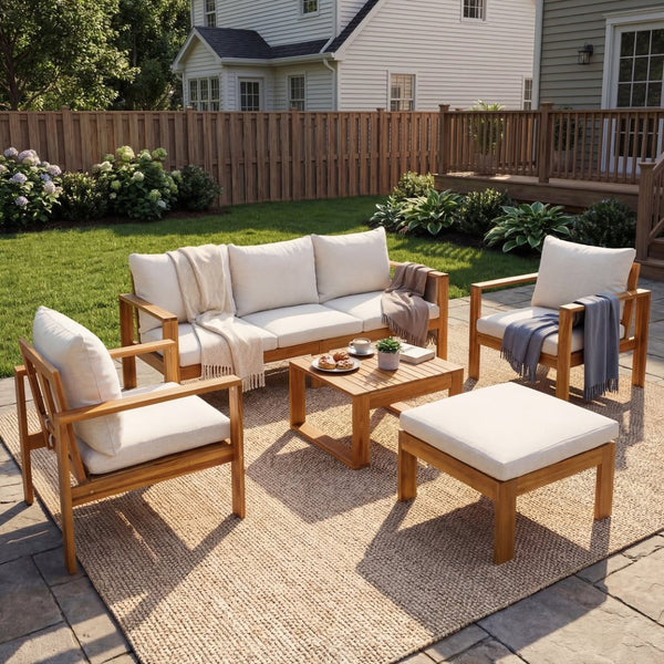 English Elm Outdoor Acacia Hardwood 5 Piece Sectional Patio Set with Water Repellent Cushions N757S554832B