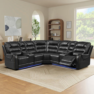 English Elm 113.5" Manual Reclining Sectional Sofa Set L-Shaped Symmetrical Motion Couch with LED Strip, 4 Cup Holders, Storage Boxes and Durable PU Leather Frame Black N719S001150B