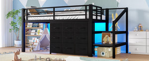 English Elm Twin Metal Low Loft Bed with Storage Stairs Fabric Drawers and Built-in Lights Black W5305S00045