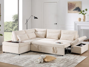 English Elm [video]107'' Chenille Sleeper Sectional with Usb Charging Storage Ottoman and Adjustable Armrest Beige N723S8782A