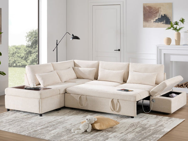 English Elm [video]107'' Chenille Sleeper Sectional with Usb Charging Storage Ottoman and Adjustable Armrest Beige N723S8782A