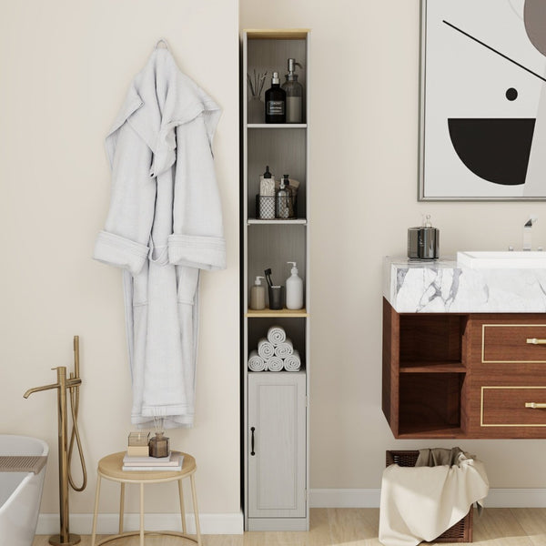 English Elm 72" Slim Six-tier Freestanding Cabinet Antique White Finish for Bathroom or Hallway W282P412294