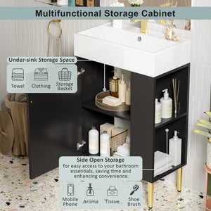 English Elm 21.6" Black Modern Bathroom Vanity with Ceramic Sink, Right Side Storage, Gold Legs & Soft-Close Doors SV000006AAB