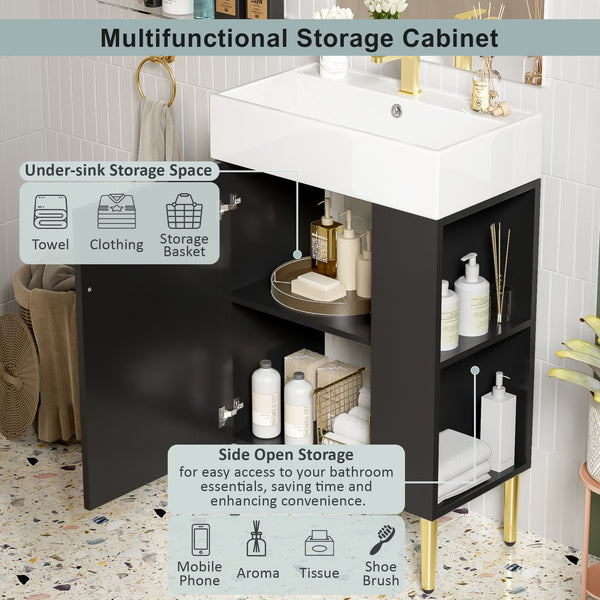 English Elm 21.6" Black Modern Bathroom Vanity with Ceramic Sink, Right Side Storage, Gold Legs & Soft-Close Doors SV000006AAB
