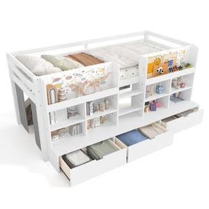 English Elm Twin Xl Low Loft Bed with Curtain Hideaway Chalkboard and Built-in Storage Shelves W1580S00399