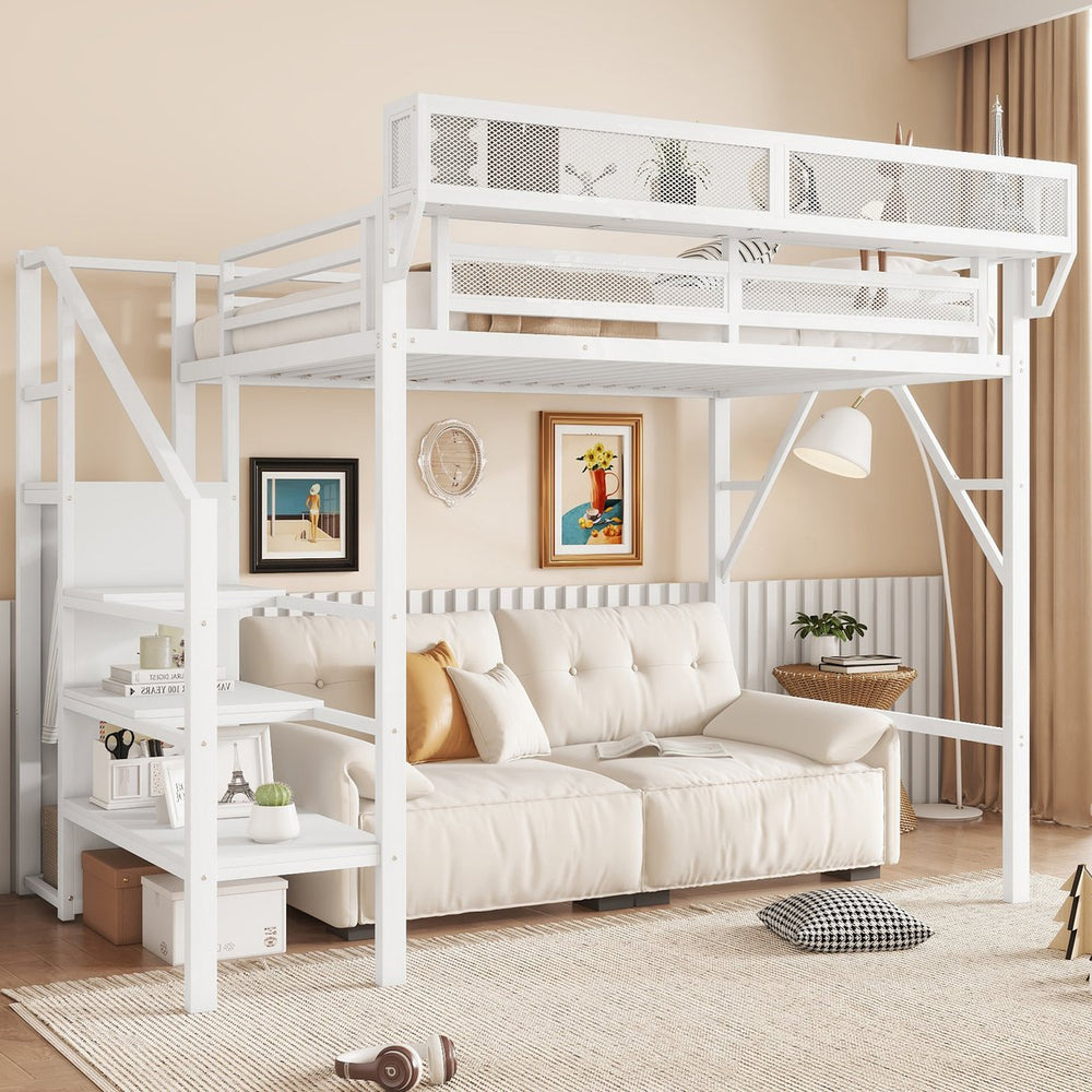 English Elm Twin Twin Size Loft Bed with Stairs and Built-In Shelves, Metal High Loft with Wardrobe for Kids Teens White W2580S00036