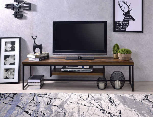 English Elm Bob Weathered Oak TV Stand for 60" TVs - Sleek Synthetic Wood Top, Open Media Shelf, Black Metal Base, Cable Management B2726P269310