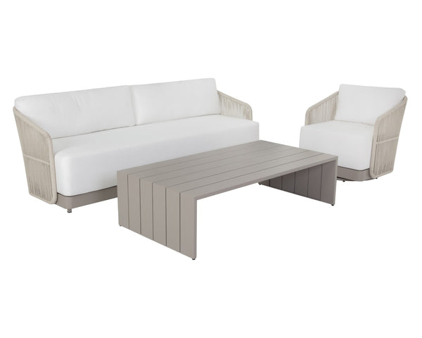 Sunpan ALLARIZ Sofa - Modern Greige Aluminum Frame with Stinson White Upholstery for Stylish Outdoor Living 109652