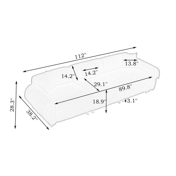 English Elm 112 Plush Teddy Velvet Sofa 112" x 38.2" x 28.3" with Metal White Legs, 3-Person Seating, 3 Pillows, 500lb Capacity Beige W1278S00050