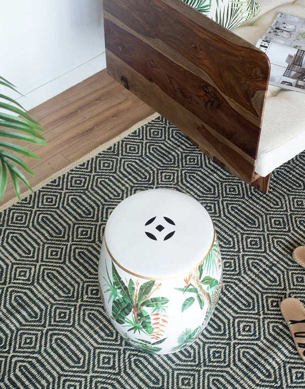 English Elm 13x13x18" Hand-painted Ceramic Stool Bohemian Jungle Motif Accent Seat or Side Table W2078P456916