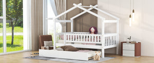 English Elm Twin House Bed with Trundle Solid Pine Frame Walnut Kids Bedroom Sleepover N708P357115K