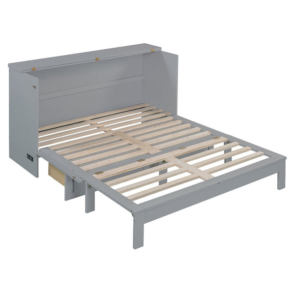 English Elm Queen Murphy Wall Bed with Usb Ports Storage Drawers and Cabinet Style Panel Front Gray N708S00010E