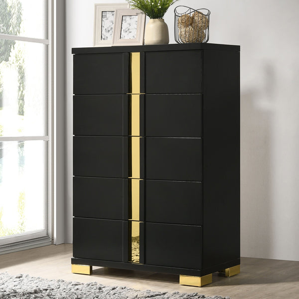 English Elm Black Sleek Chest with Gold Accents and Acrylic Trim, Dust‑Proof Drawers, Metal Bracket Legs, Modern Appeal Black,Gold 20 L x 35 W x 50 H B2741P370857