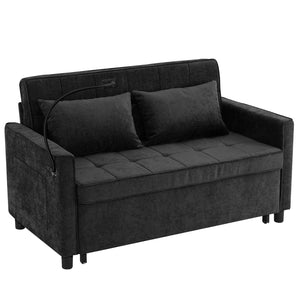 English Elm 56.9" Loveseat Sofa Bed with Chenille Upholstery, USB Ports, Phone Holder, Side Pockets, Reclining Backrest Black N719P208853B