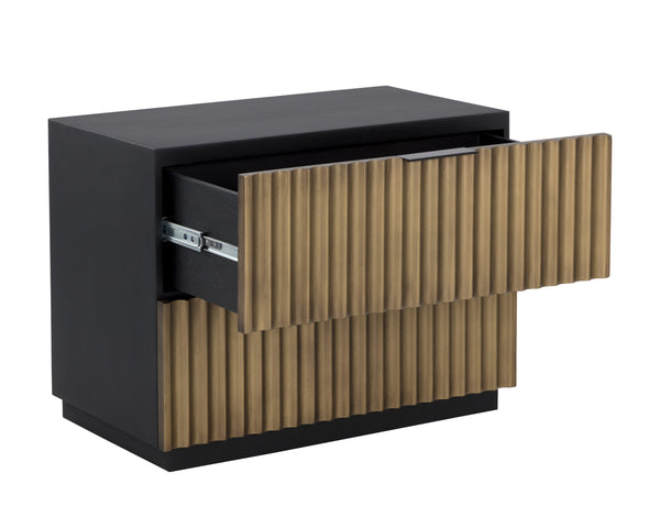 Sunpan Carlin Nightstand - Bold Mango Wood Design with Sculpted Drawers and Modern Aluminum Handles Black / Antique Brass