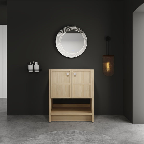 English Elm 30" Freestanding modern oak bathroom vanity with integrated basin, soft-close doors & open shelf storage, plywood construction W1972P268403