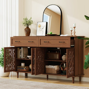 English Elm 4 Door Sideboard Buffet with Hand Carved Geometric Panels Black Oak Finish Raised Legs W688P359947