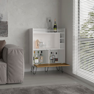 English Elm Tori 42" Tall One-Door Bar Cabinet with Three Cubbies, Shelves & Rail Top Prep Surface, White Oak B070P286436