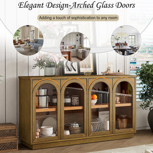 English Elm TREXM 4-Door Large Storage Buffet Cabinet with Glass Doors, Adjustable Shelves and Cable Port Old Pine N715P247544D