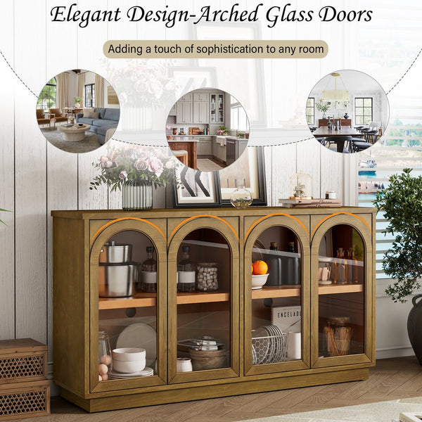 English Elm TREXM 4-Door Large Storage Buffet Cabinet with Glass Doors, Adjustable Shelves and Cable Port Old Pine N715P247544D