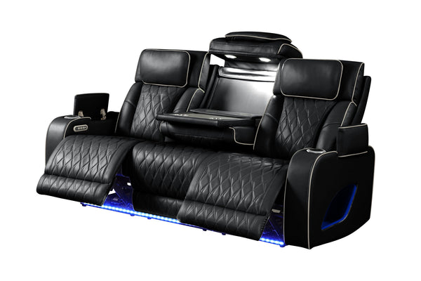 English Elm Fortuner Modern Recliner Sofa in Black Faux Leather with Massage, LED Lights, USB, Wireless Charging B009P287715