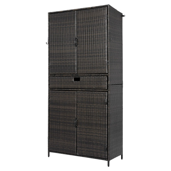 English Elm K&k Tall Arched Pe Rattan Outdoor Storage Cabinet with Adjustable Shelves and Steel Frame Brown+Black N707P420102D