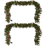 Christopher Knight Home® - Noble House - - 2-Packed 9'X10'' Glitter Bristle Mixed Garland With 15 Red Berry And 15 Pine Cones And With 50 Warm White Led Lights With Timer-Battery Operated-Outdoor,180 Tips