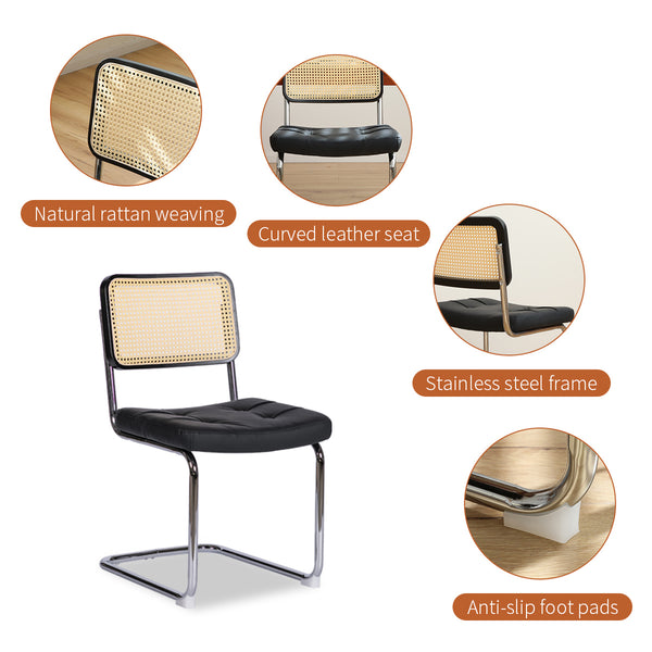 English Elm Dining Mid-Century Cantilever Chairs Set of 2 with Chrome Frame, Rattan Back and Faux Leather Seat Black W2105P230510