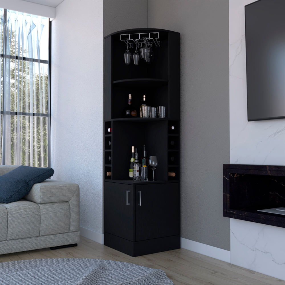 English Elm Corner Bar Cabinet Atanasio Black with Glass Rack, 8 Wine Cubbies & Double Storage for Living Room B092S00012